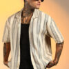 Campus Sutra Men Comfort Cuban Collar Vertical Striped Cotton Oversized Casual Shirt