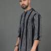 HERE&NOW Black & White Striped Printed Band Collar Cotton Straight Short Kurta
