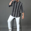 HERE&NOW Black & White Striped Printed Band Collar Cotton Straight Short Kurta