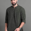 HERE&NOW Mandarin Collar Geometric Cotton Thread Work Dobby Short Kurta