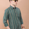 HIGHLANDER Green Vertical Striped Slim Fit Spread Collar Cotton Casual Shirt