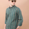 HIGHLANDER Green Vertical Striped Slim Fit Spread Collar Cotton Casual Shirt