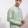 Highlander Men Mint Dobby Textured Striped Mandarin Collar Casual Regular Fit Shirt