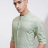 Highlander Men Mint Dobby Textured Striped Mandarin Collar Casual Regular Fit Shirt