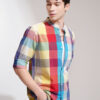 Highlander Men Muicolor Cotton Linen Checked Mandarin Collar Casual Shirt