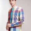 Highlander Men Muicolor Cotton Linen Checked Mandarin Collar Casual Shirt