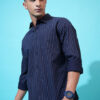 HIGHLANDER Men Vertical Stripes Cutaway Collar Chest Pocket Casual Shirt