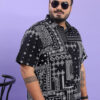 HIGHLANDER Plus Size Black Ethnic Motifs Printed Spread Collar Cotton Casual Shirt