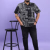 HIGHLANDER Plus Size Black Ethnic Motifs Printed Spread Collar Cotton Casual Shirt