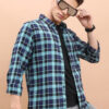 HIGHLANDER Teal Tartan Checked Slim Fit Spread Collar Twill Cotton Casual Shirt
