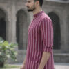 LADSLOOM Striped Band Collar Thread Work Pure Cotton Straight Short Kurta