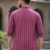 LADSLOOM Striped Band Collar Thread Work Pure Cotton Straight Short Kurta