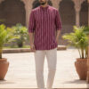 LADSLOOM Striped Band Collar Thread Work Pure Cotton Straight Short Kurta