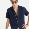 Snitch Navy Blue Classic Boxy Self Design Casual Shirt