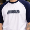 VEIRDO Men White & Navy blue Typography Printed Raglan Sleeves Oversized Plus Size T-shirt