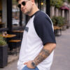 VEIRDO Men White & Navy blue Typography Printed Raglan Sleeves Oversized Plus Size T-shirt