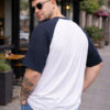 VEIRDO Men White & Navy blue Typography Printed Raglan Sleeves Oversized Plus Size T-shirt