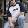 VEIRDO Men White & Navy blue Typography Printed Raglan Sleeves Oversized Plus Size T-shirt